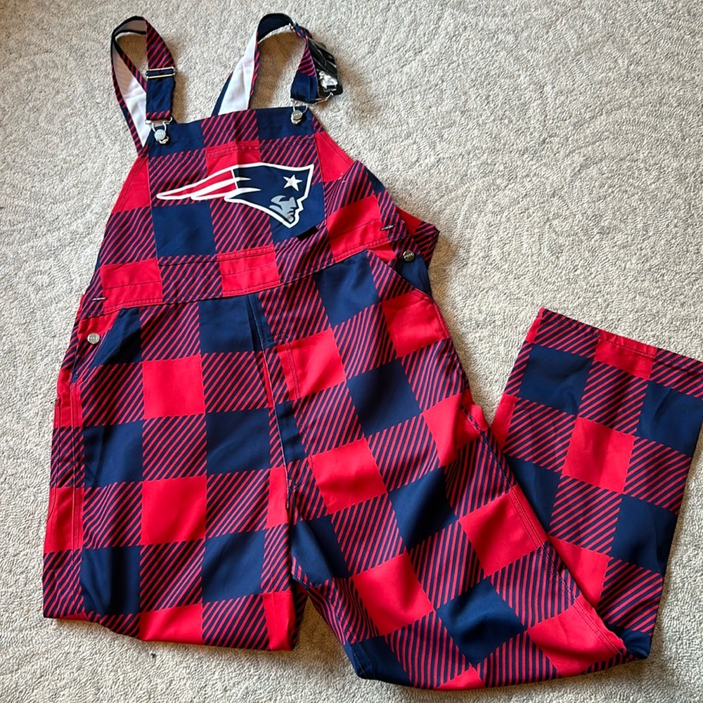 Men's FOCO Navy New England Patriots Big Logo Plaid Overalls